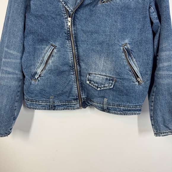 Zara Denim Blue Moto Biker Jean Jacket Distressed Jacket Size L - Picture 4 of 13